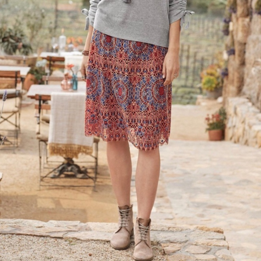 SUNDANCE Colorful Boho Lace Medallion Print Elisa Midi Skirt NWT